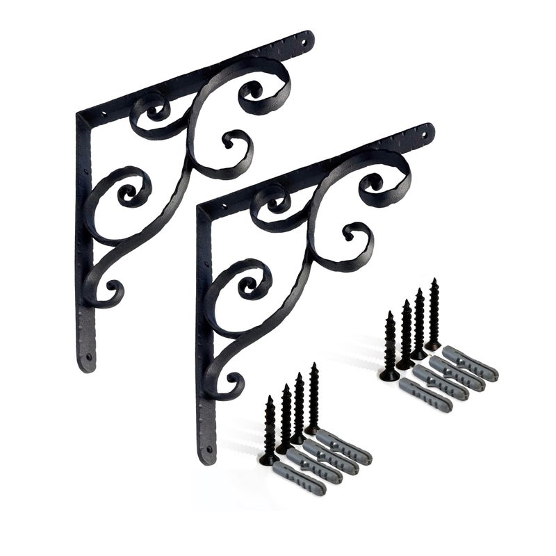 NACH Decorative Shelf Brackets, 2 Pack of 10 x 0.9 x 10 inch, Black Cast Iron Shelving Brackets - Metal Shelf Brackets for Wall - Victorian Scroll Shelf Bracket - Image 1